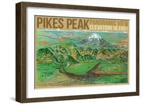 Colorado, Panoramic View of Pikes Peak and the Region, Map-Lantern Press-Framed Art Print