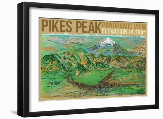 Colorado, Panoramic View of Pikes Peak and the Region, Map-Lantern Press-Framed Art Print