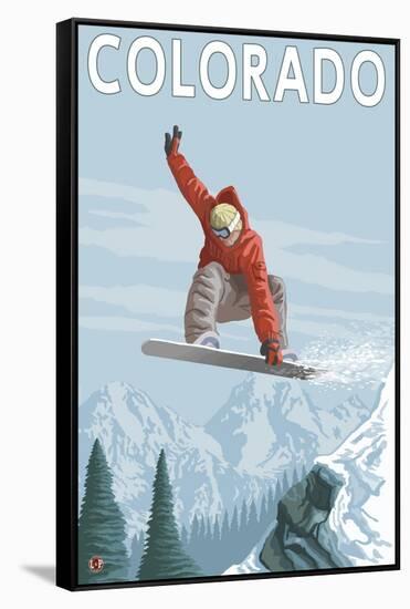 Colorado, Snowboarder Jumping-Lantern Press-Framed Stretched Canvas