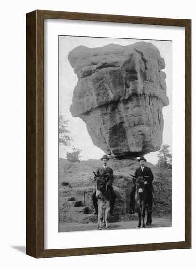 Colorado Springs, CO - Garden of Gods Balanced Rock, Men on Burros-Lantern Press-Framed Art Print