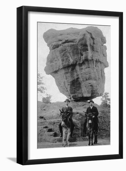 Colorado Springs, CO - Garden of Gods Balanced Rock, Men on Burros-Lantern Press-Framed Art Print