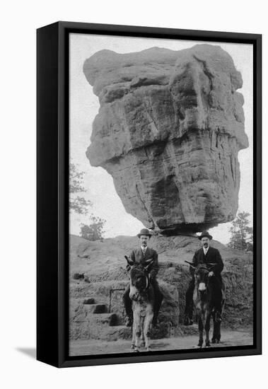 Colorado Springs, CO - Garden of Gods Balanced Rock, Men on Burros-Lantern Press-Framed Stretched Canvas