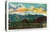 Colorado Springs, CO, Sunset View on Pikes Peak from Garden of the Gods Gate Rocks-Lantern Press-Stretched Canvas