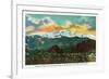 Colorado Springs, CO, Sunset View on Pikes Peak from Garden of the Gods Gate Rocks-Lantern Press-Framed Art Print