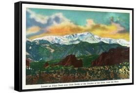 Colorado Springs, CO, Sunset View on Pikes Peak from Garden of the Gods Gate Rocks-Lantern Press-Framed Stretched Canvas