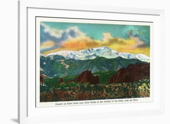 Colorado Springs, CO, Sunset View on Pikes Peak from Garden of the Gods Gate Rocks-Lantern Press-Framed Premium Giclee Print