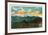 Colorado Springs, CO, Sunset View on Pikes Peak from Garden of the Gods Gate Rocks-Lantern Press-Framed Premium Giclee Print