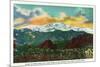 Colorado Springs, CO, Sunset View on Pikes Peak from Garden of the Gods Gate Rocks-Lantern Press-Mounted Premium Giclee Print