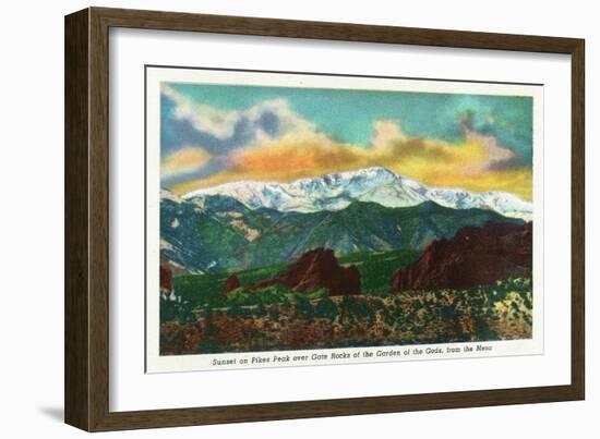 Colorado Springs, CO, Sunset View on Pikes Peak from Garden of the Gods Gate Rocks-Lantern Press-Framed Art Print