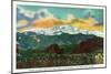 Colorado Springs, CO, Sunset View on Pikes Peak from Garden of the Gods Gate Rocks-Lantern Press-Mounted Art Print