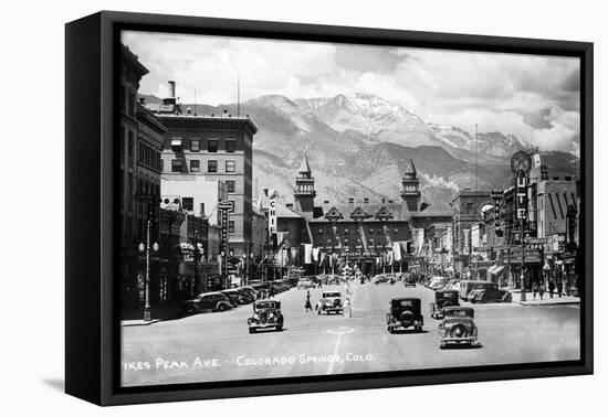 Colorado Springs, Colorado - Pikes Peak Ave View of Antlers Hotel and Pikes Peak, c.1934-Lantern Press-Framed Stretched Canvas