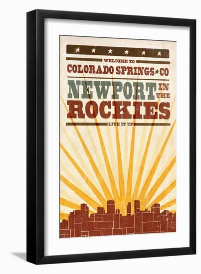 Colorado Springs, Colorado - Skyline and Sunburst Screenprint Style-Lantern Press-Framed Art Print