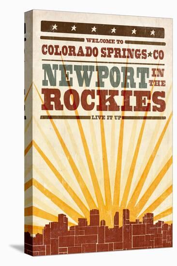 Colorado Springs, Colorado - Skyline and Sunburst Screenprint Style-Lantern Press-Stretched Canvas