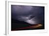 Colorado, Upper Arkansas River Valley. Lightning Stormover Vehicle Light Track-Jaynes Gallery-Framed Photographic Print