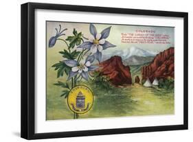 Colorado, View of Garden of the Gods, Pikes Peak, Columbine Flowers-Lantern Press-Framed Art Print