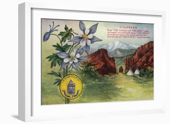 Colorado, View of Garden of the Gods, Pikes Peak, Columbine Flowers-Lantern Press-Framed Art Print