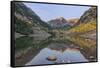 Colorado, White River National Forest, Maroon Bells with Autumn Color at First Light-Rob Tilley-Framed Stretched Canvas