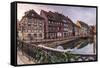 Colored houses reflected in River Lauch at sunset, Petite Venise, Colmar, Haut-Rhin department, Als-Roberto Moiola-Framed Stretched Canvas