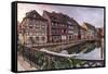 Colored houses reflected in River Lauch at sunset, Petite Venise, Colmar, Haut-Rhin department, Als-Roberto Moiola-Framed Stretched Canvas