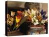 Colorful artificial flowers and pottery, Santa Fe, New Mexico, USA-Jerry Ginsberg-Stretched Canvas