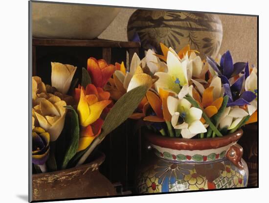 Colorful artificial flowers and pottery, Santa Fe, New Mexico, USA-Jerry Ginsberg-Mounted Photographic Print