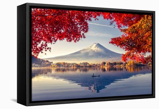 Colorful Autumn Season and Mountain Fuji with Morning Fog and Red Leaves at Lake Kawaguchiko is One-null-Framed Stretched Canvas