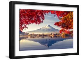 Colorful Autumn Season and Mountain Fuji with Morning Fog and Red Leaves at Lake Kawaguchiko is One-null-Framed Photographic Print