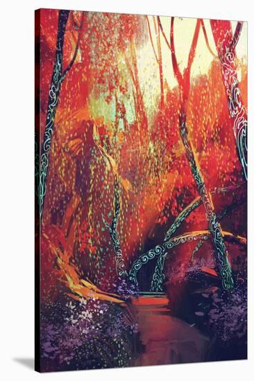 Colorful Autumnal Forest with Fantasy Trees,Scenery Illustration Painting-Tithi Luadthong-Stretched Canvas