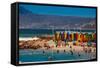 Colorful Beach Huts, Muizenberg Beach, Cape Town, South Africa, Africa-Laura Grier-Framed Stretched Canvas