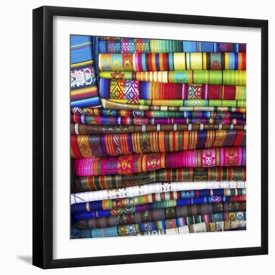 Colorful Blankets at Indigenous Market in Pisac, Peru-Miva Stock-Framed Photographic Print