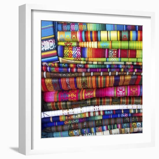 Colorful Blankets at Indigenous Market in Pisac, Peru-Miva Stock-Framed Photographic Print