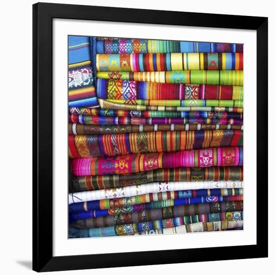 Colorful Blankets at Indigenous Market in Pisac, Peru-Miva Stock-Framed Photographic Print