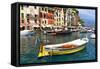 Colorful Boats in Portofino Harbor, Italy-George Oze-Framed Stretched Canvas