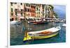 Colorful Boats in Portofino Harbor, Italy-George Oze-Framed Premium Photographic Print