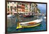 Colorful Boats in Portofino Harbor, Italy-George Oze-Framed Premium Photographic Print