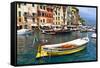 Colorful Boats in Portofino Harbor, Italy-George Oze-Framed Stretched Canvas
