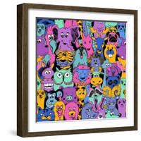 Colorful Bright Psychedelic Seamless Pattern with Funny Animals. Abstract Graphic Animal Background-Annykos-Framed Art Print