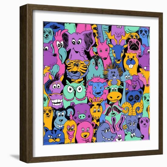 Colorful Bright Psychedelic Seamless Pattern with Funny Animals. Abstract Graphic Animal Background-Annykos-Framed Art Print