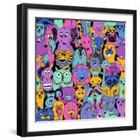 Colorful Bright Psychedelic Seamless Pattern with Funny Animals. Abstract Graphic Animal Background-Annykos-Framed Art Print