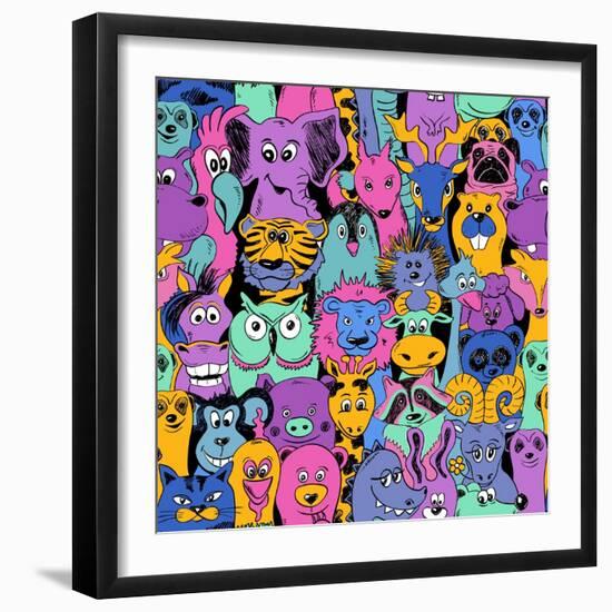 Colorful Bright Psychedelic Seamless Pattern with Funny Animals. Abstract Graphic Animal Background-Annykos-Framed Art Print