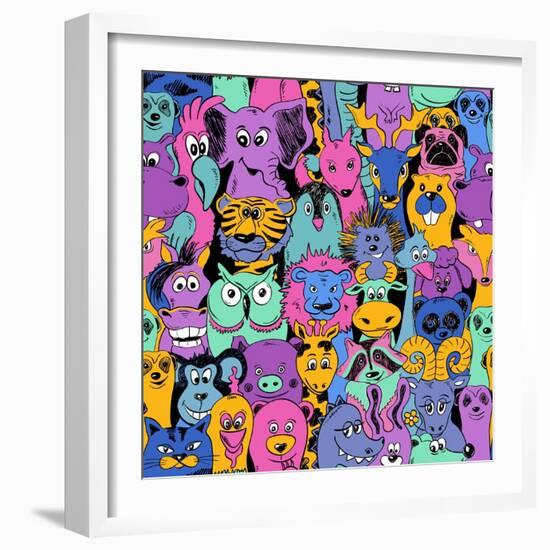 Colorful Bright Psychedelic Seamless Pattern with Funny Animals. Abstract Graphic Animal Background-Annykos-Framed Art Print