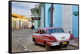 Colorful Buildings and 1958 Chevrolet Biscayne, Trinidad, Cuba-Adam Jones-Framed Stretched Canvas