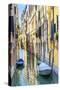 Colorful buildings and poles reflection, Venice, Italy-William Perry-Stretched Canvas