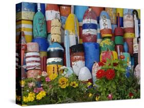 Colorful Buoys on Wall, Rockport, Massachusetts, USA-Adam Jones-Stretched Canvas