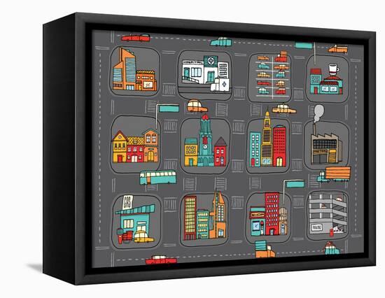 Colorful Cartoon City Map-Curvabezier-Framed Stretched Canvas