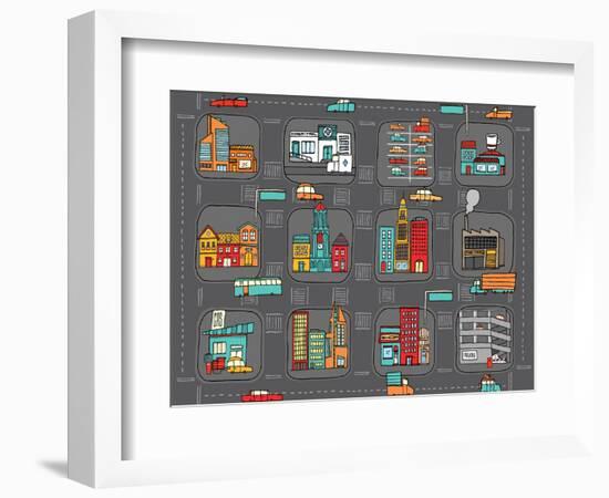 Colorful Cartoon City Map-Curvabezier-Framed Art Print