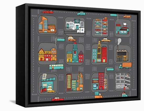 Colorful Cartoon City Map-Curvabezier-Framed Stretched Canvas