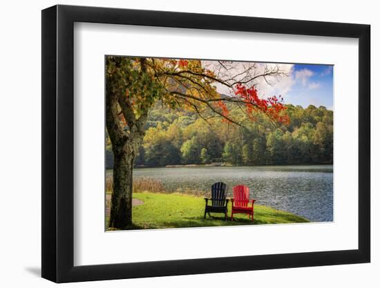 Colorful chairs on the banks of the lake, Peaks Of Otter, Blue Ridge Parkway, Smoky Mountains, USA.-Anna Miller-Framed Photographic Print