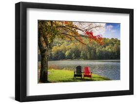 Colorful chairs on the banks of the lake, Peaks Of Otter, Blue Ridge Parkway, Smoky Mountains, USA.-Anna Miller-Framed Photographic Print
