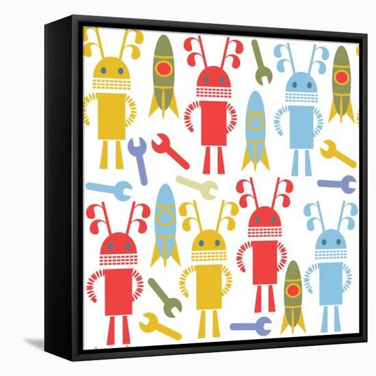 Colorful Cute Robots and Monsters Pattern-Luizavictorya72-Framed Stretched Canvas